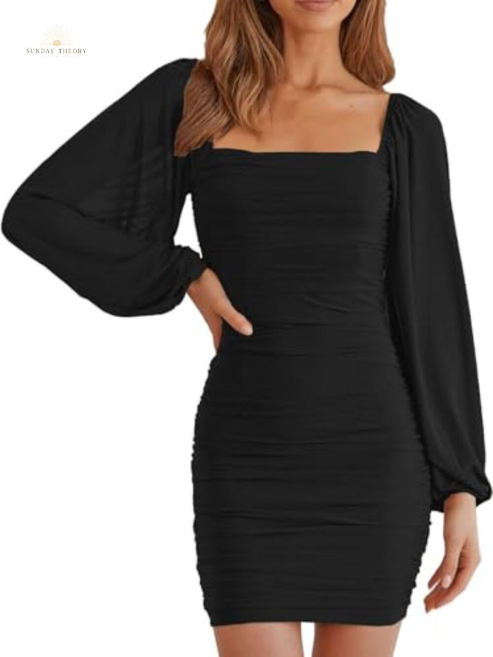 Square Neck Long Sleeve Mesh Bodycon Mini Cocktail Dress Party